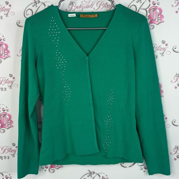 Belldini cardigan argyle diamonds bling Teal Cardigan with Rhinestone Details - Picture 1 of 9